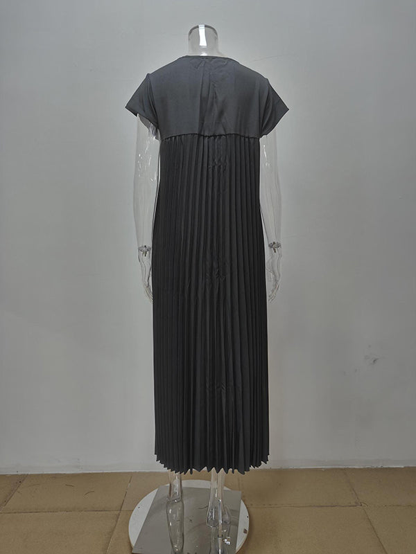 A-Line High Waisted Pleated Pockets Solid Color Split-Joint Round-Neck Maxi Dresses