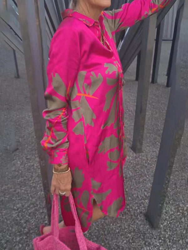 Robe chemise mi-longue taille haute à poches boutonnées et à revers fendus