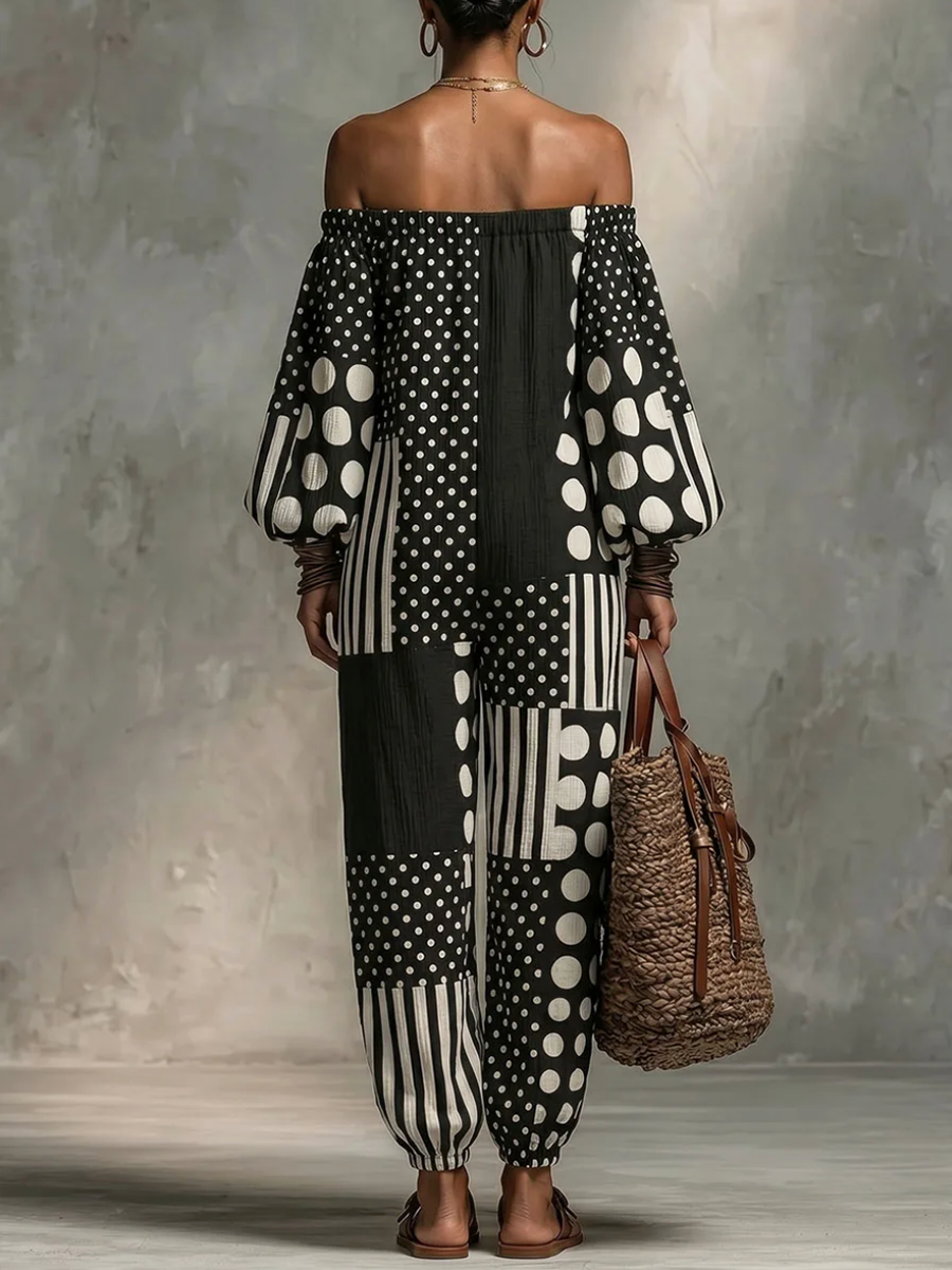Long Sleeves Puff Sleeves Contrast Color Elasticity Polka Dot Split-Joint Striped Off-The-Shoulder Jumpsuits