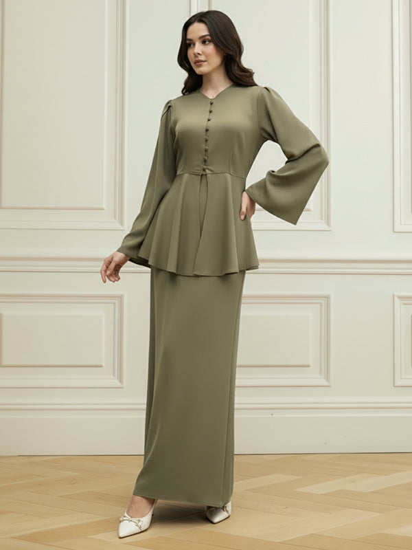 Solid Color V-Neck Ruffled Long Sleeves Flared Sleeves Buttoned Blouses&Shirts Tops + Zipper Adjustable Straps Maxi Dresses Two Pieces Set