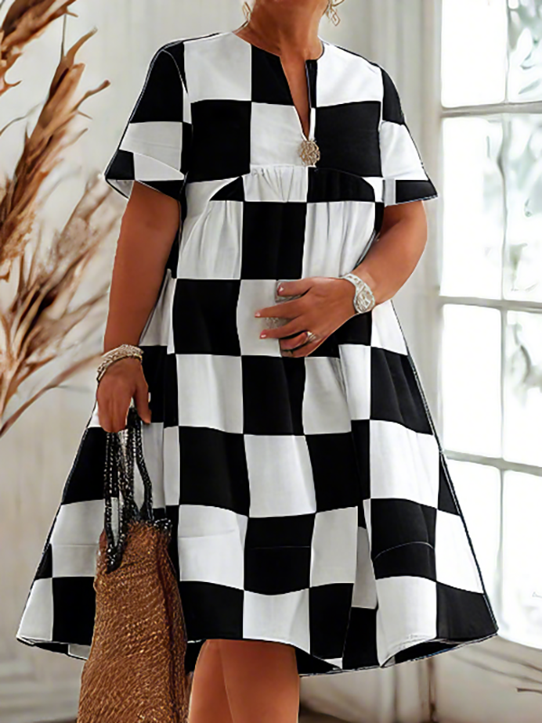 Lockere, kurze Ärmel, Kontrastfarbe, kariert, plissiert, V-Ausschnitt, Midi-Kleid, Hemdkleid