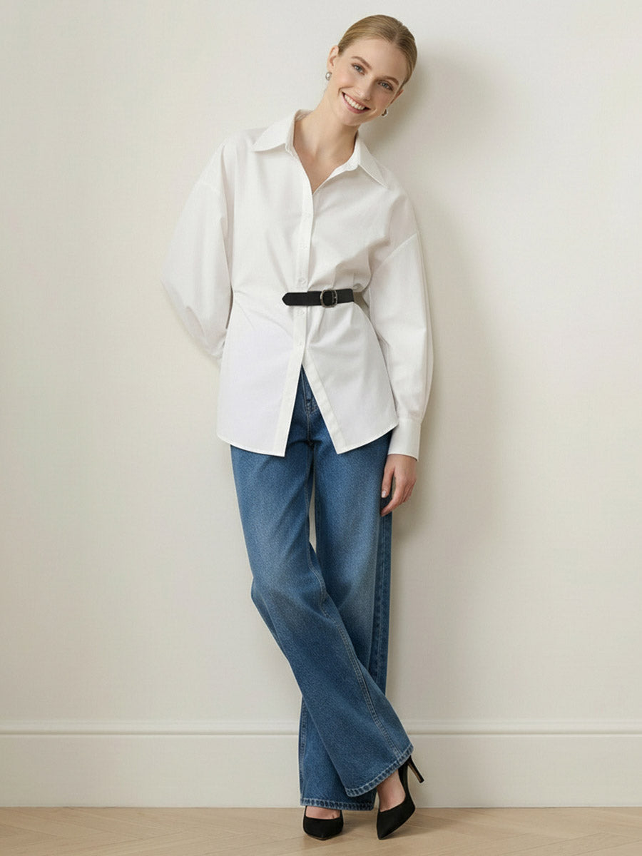 Long Sleeves Loose Belted Buttoned Contrast Color Split-Joint Lapel Blouses&Shirts Tops