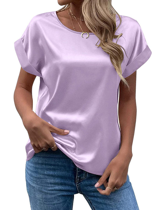Loose Short Sleeves Solid Color Round-Neck T-Shirts Tops LIGHT PURPLE