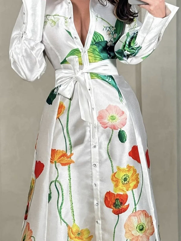 A-Line Loose Floral Printed Split-Joint Split-Side Lapel Maxi Dresses Shirt Dress