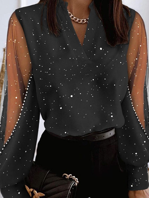 Blusen und Hemden mit langen Ärmeln, lockerem Perlennetz und geteiltem V-Ausschnitt