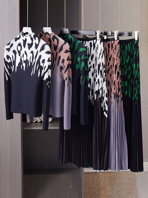 Long Sleeves Printed Mock Neck T-Shirt Top + Pleated A-Line Skirts Bottom Two Pieces Set