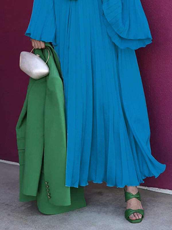 Flared Sleeves Loose Pleated Ruffled Solid Color Split-Joint High Neck Maxi Dresses