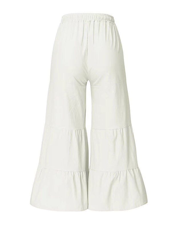High Waisted Loose Drawstring Elasticity Pleated Solid Color Split-Joint Pants Trousers