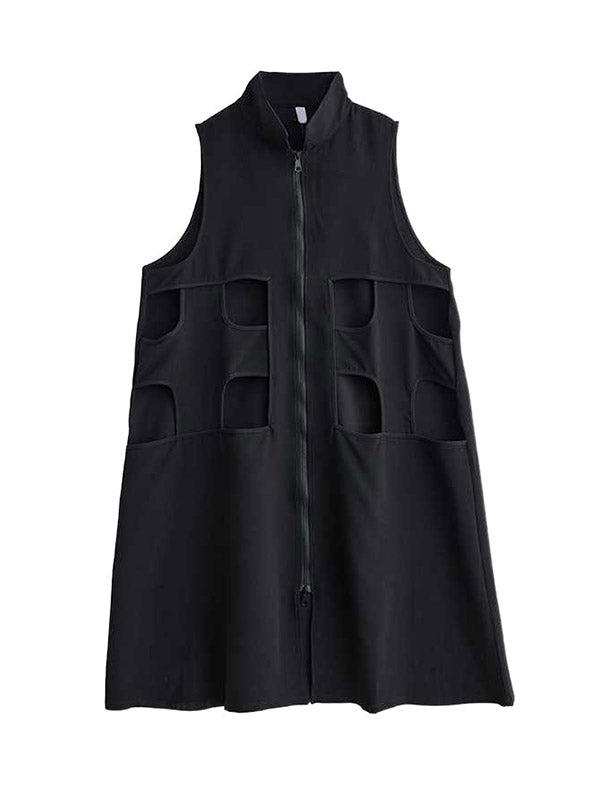 Robe mi-longue ample sans manches, couleur unie, ajourée, fermeture éclair, revers