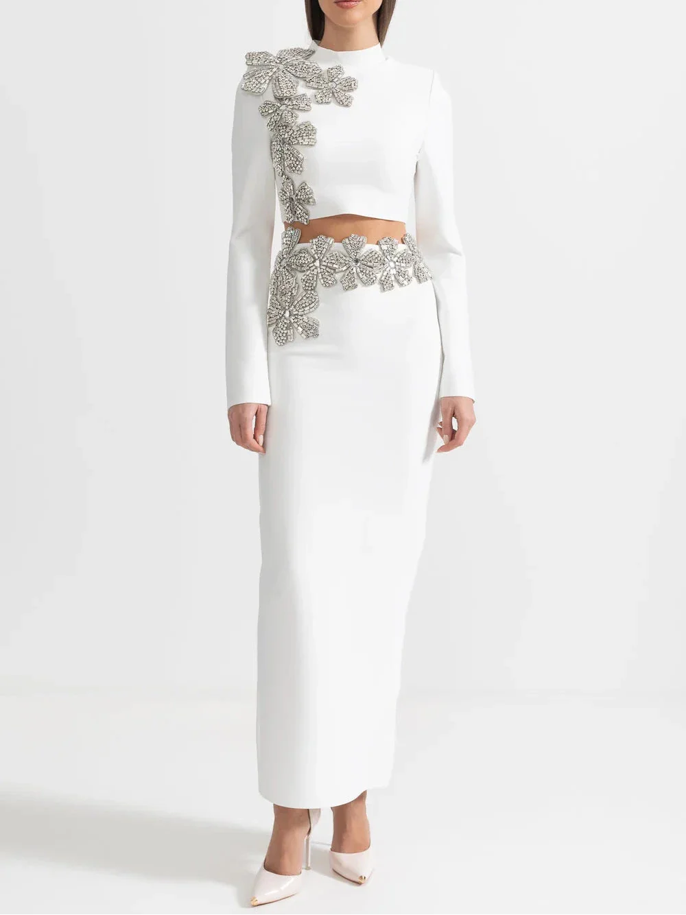 ARAIA BANDAGE DIAMOND FLOWER ACCENT WITH LONG SLEEVES TOP AND MAXI SKIRT SET WHITE