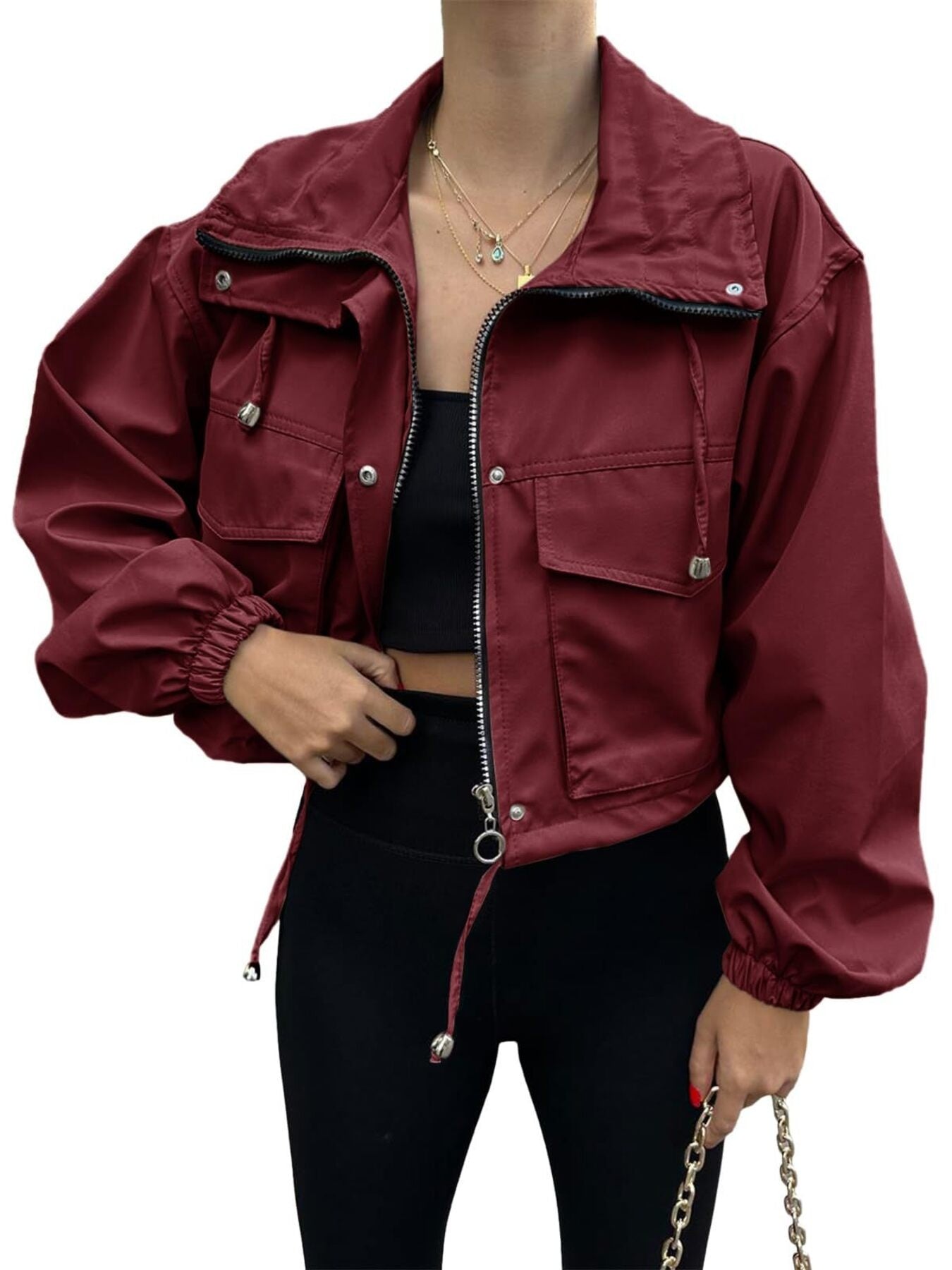 Crop Drawstring Hem Zip Up Jacket
