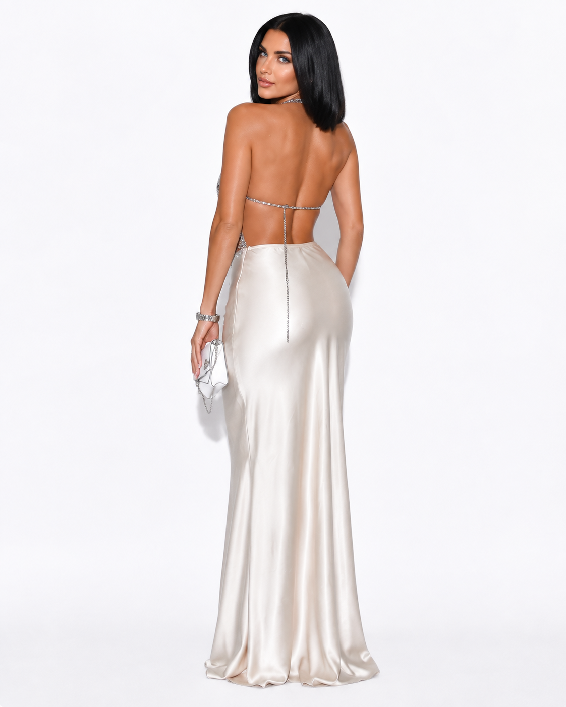 BELMA Silver Embellished Halter Top & Satin Maxi Skirt