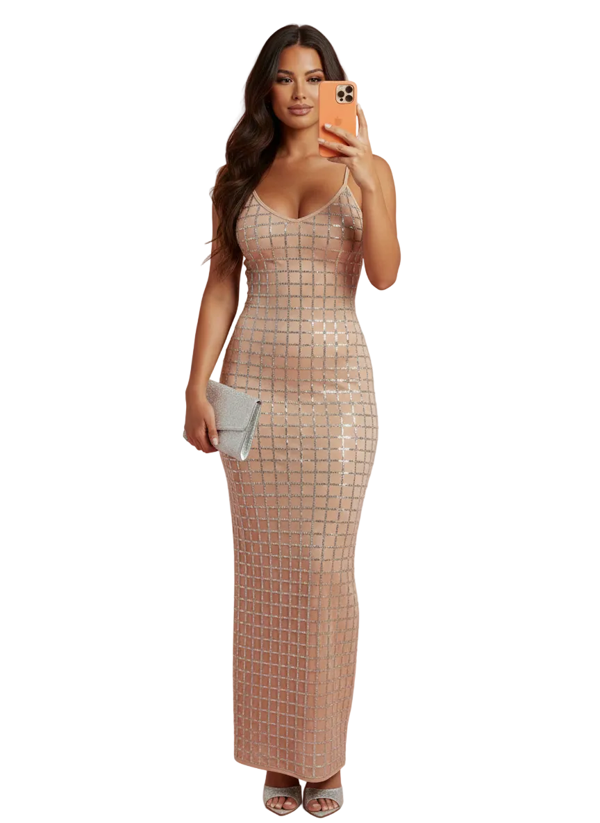 MANI Black Sequin Body-Contouring Maxi Dress NUDE