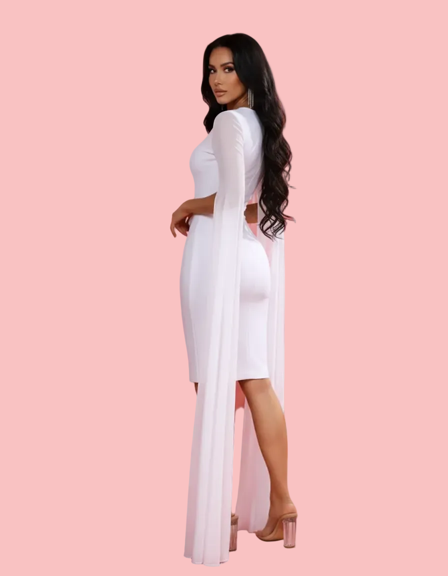 PINKAPPLE DRESSES KYLIE White Midi Dress with Dramatic Cape Sleeves