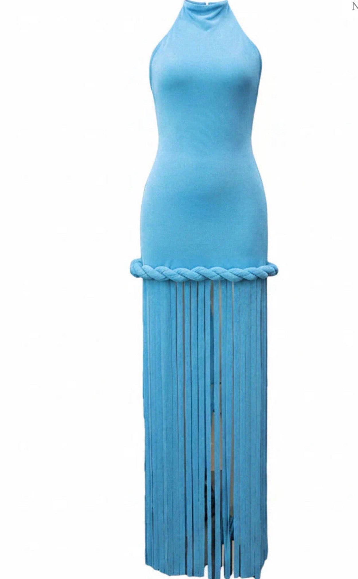 EYLUL Blue Lagoon Fringe Maxi Dress – Halter Bodycon Dress with Floor-Length Fringe