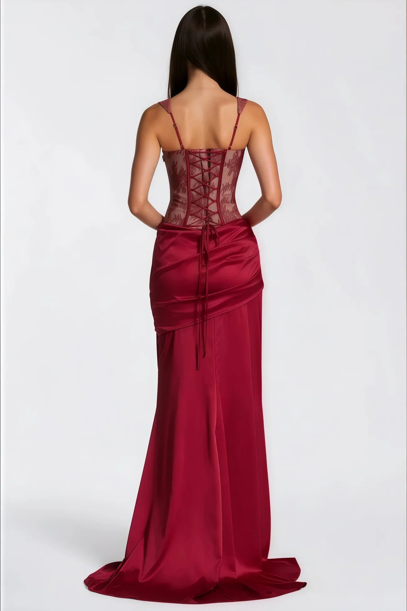 OLESYA Burgundy Satin Maxi Skirt Set | Lace Corset Evening Set