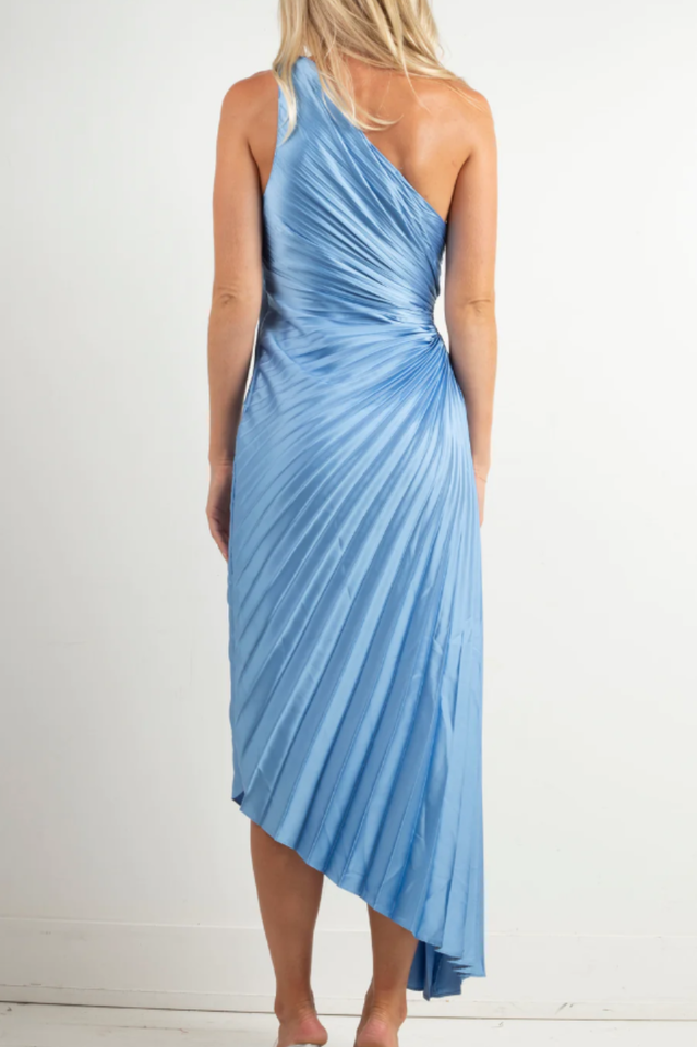 Catalina One Shoulder Pleated Satin Dress