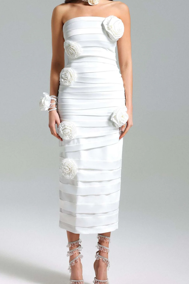 Kaisley Pleat 3D Floral Bustier Dress White