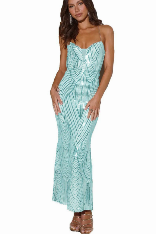 Own The Club Sequin Maxi Dress Light Blue