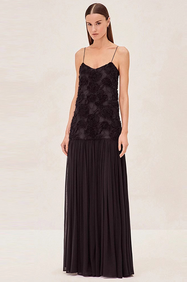 Andrea Floral Applique Pleated Maxi Dress