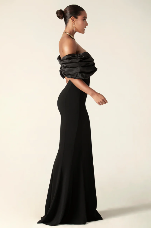 Presley Crepe Ruffle Shoulder Gown Dress