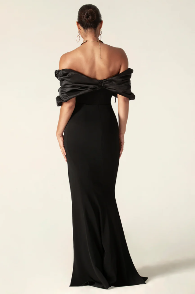 Presley Crepe Ruffle Shoulder Gown Dress