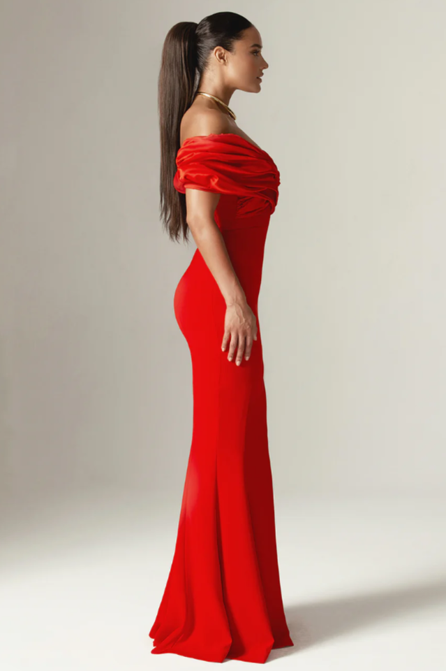 Presley Crepe Ruffle Shoulder Gown Dress