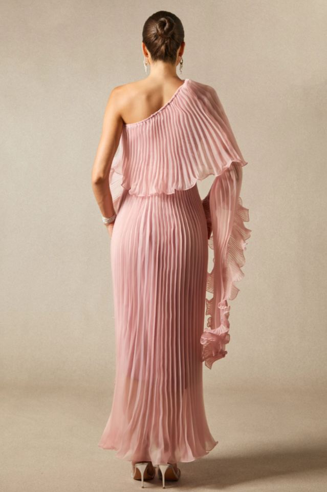 Khloe One Shoulder Pleated Ruffle Maxi Dress