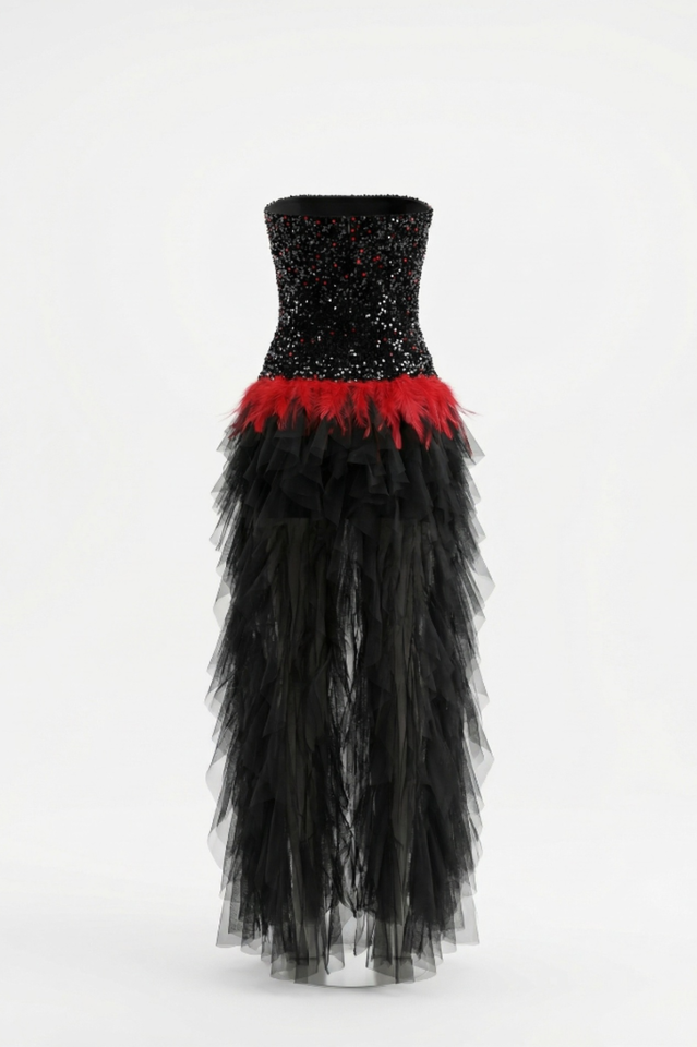 Strapless Sequin Feather Cascading Evening Dress
