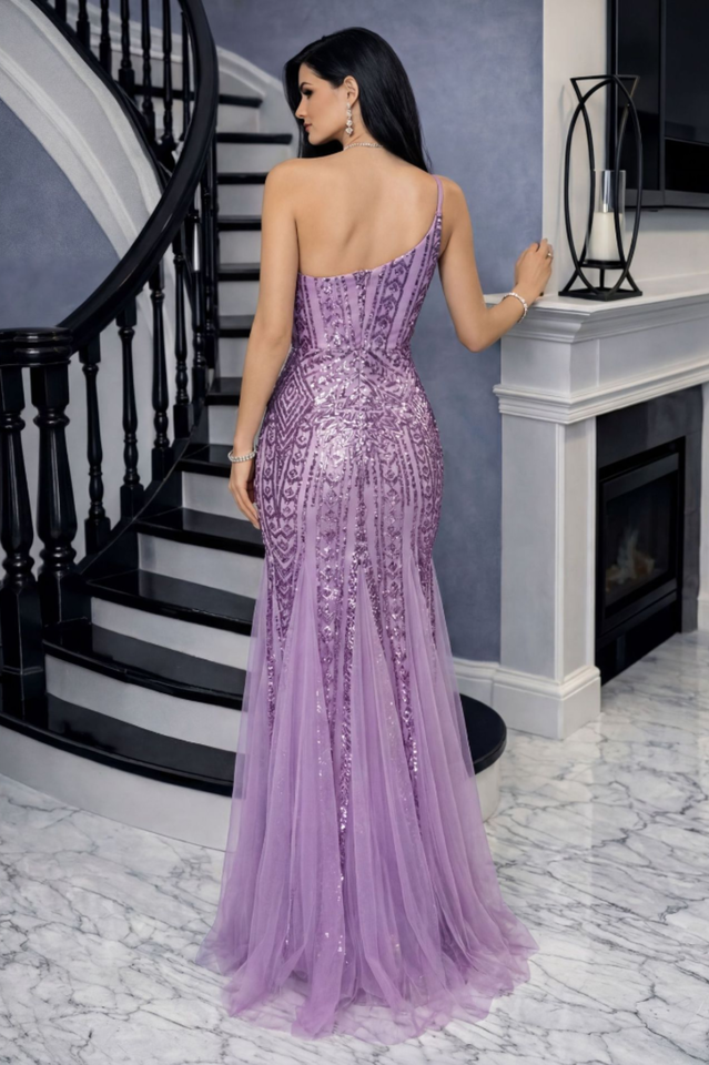 One Shoulder Split Thigh Sequin Dress