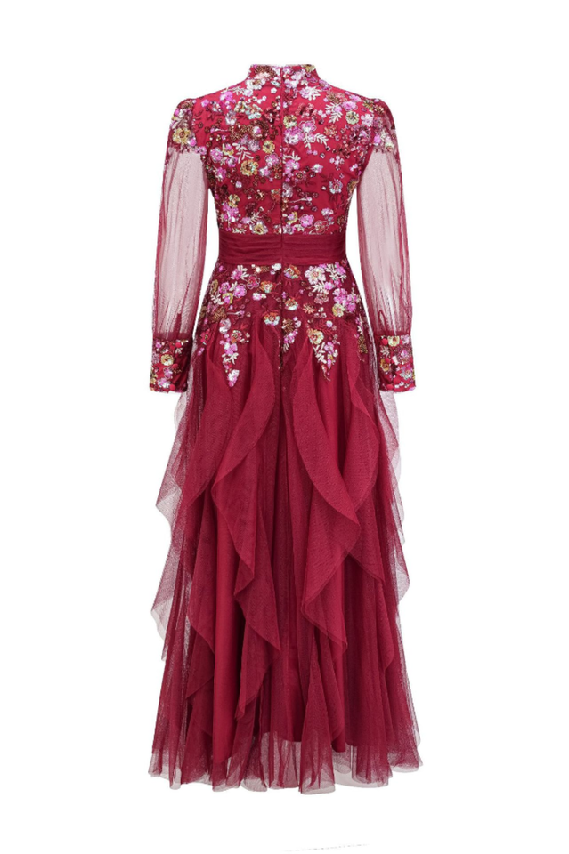 Burgundy Embellished Floral Tulle Evening Gown