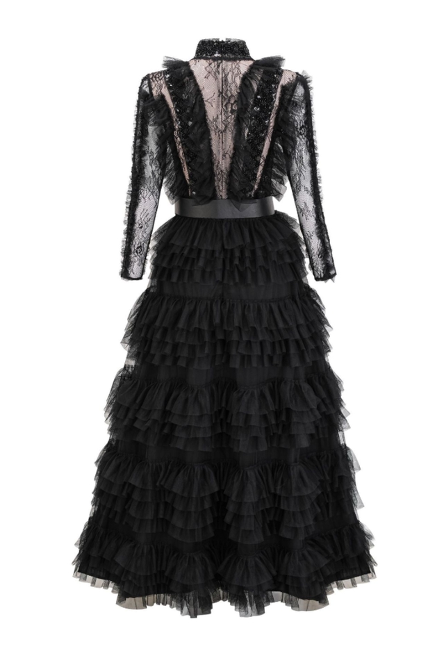 Midnight Allure Lace Sleeve Ruffled Dress