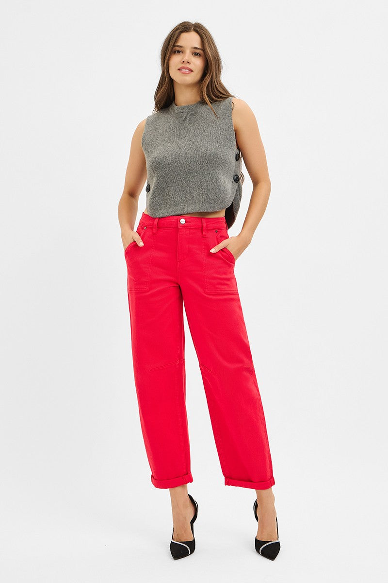 Scarlett Red High Rise Ankle Cuffed Barrel Pants