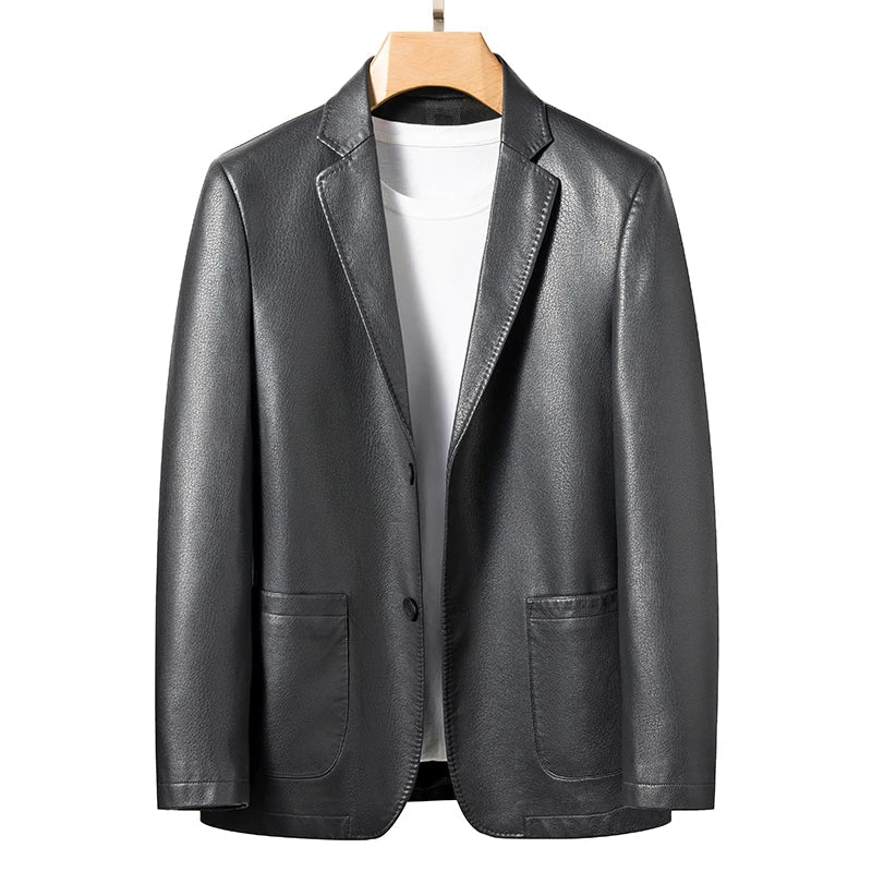 Sheep Leather Casual Suit Men's Jacket | Black Brown Leather Winter Jacket Grey