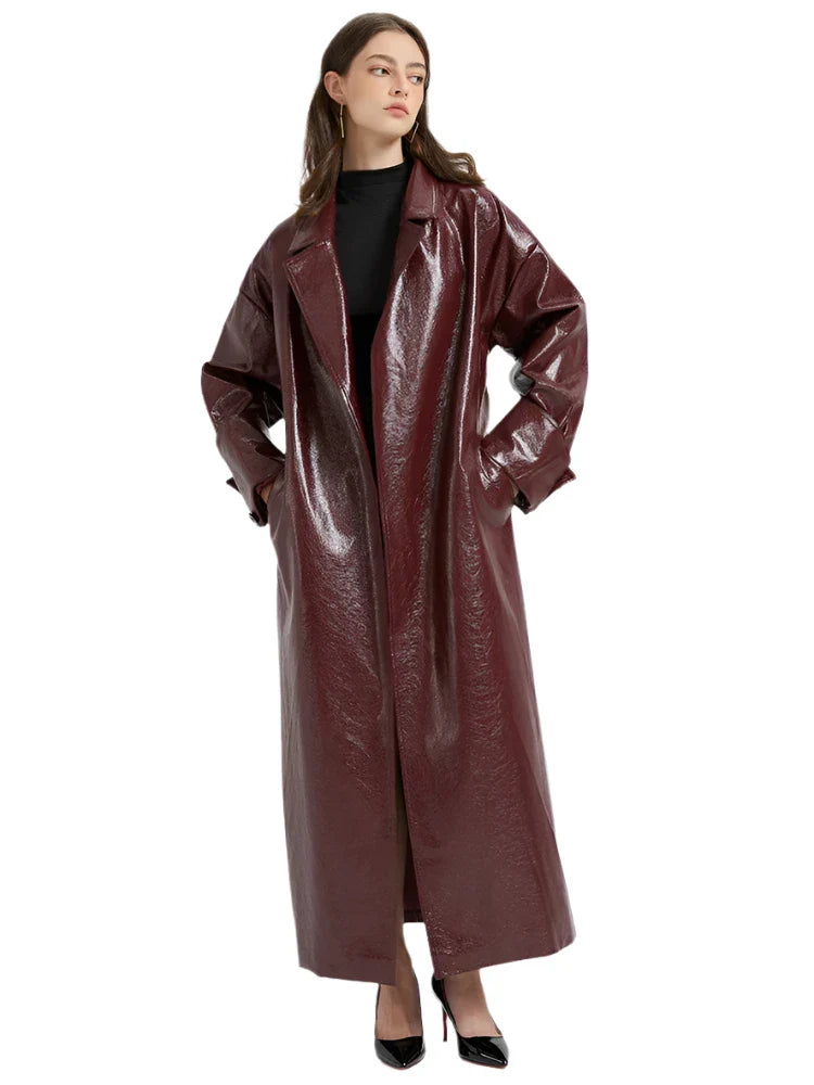 Women Leather Trench Coat With Belt | Extra Long Cherry Red Leather Coat Burgundy