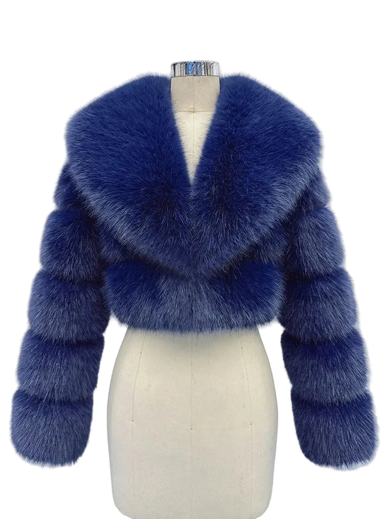 Women Fluffy Cropped Fur Coat | Winter Street Style Fur Jacket Blue