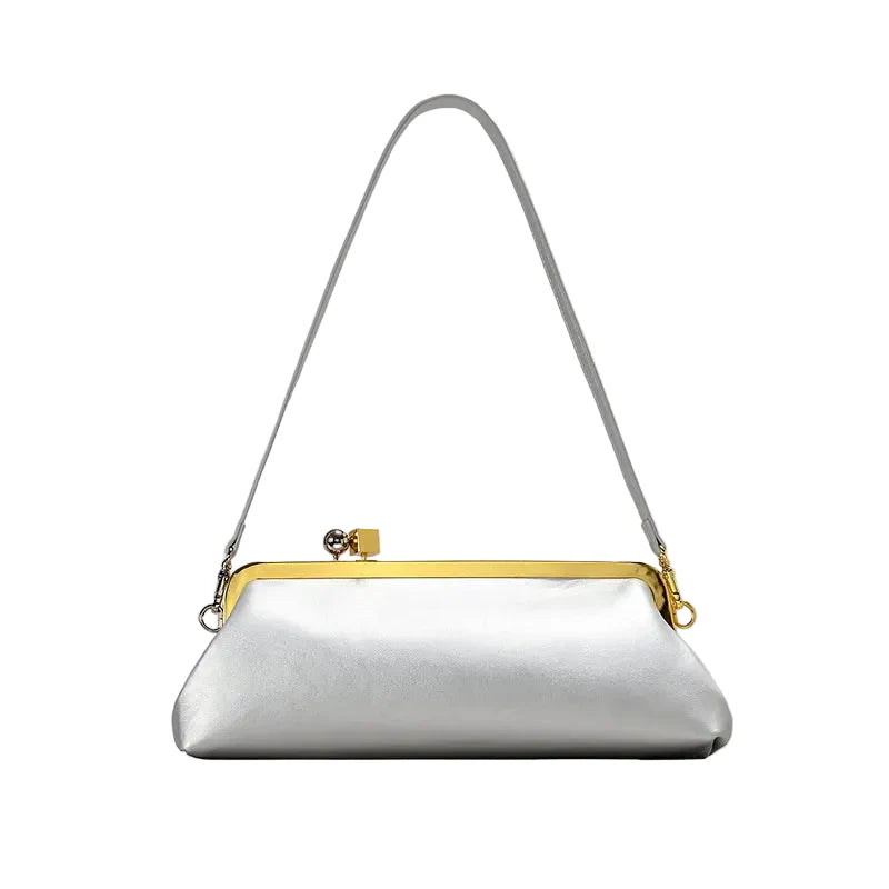 Women Leather Kiss Lock Bag | Long Clutch Bag | Luxury Shoulder Bag | Elegant Party Purse | Underarm Bag Silver