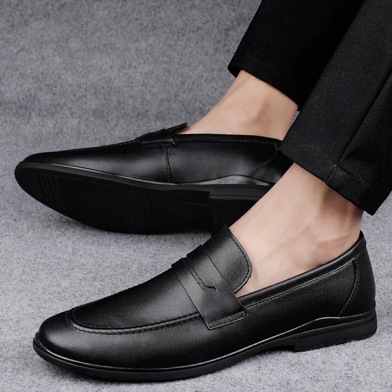 Men Plain Round Toe Leather Loafers | Leather Shoes black