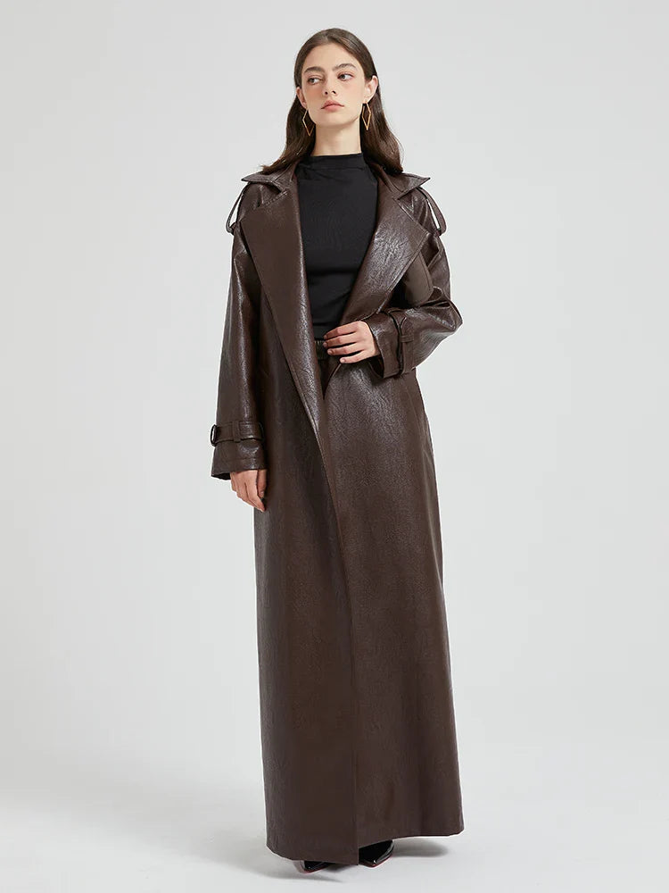 Women Extra Long Leather Trench Coat | Luxury Chic Overcoat | Autumn Chocolate Brown