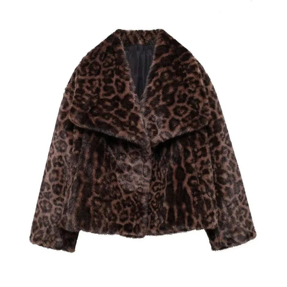 Women Winter Animal Print | Warm Fur Coat | Long Sleeve Lapel Coat | Leopard Print Coat Dark Brown