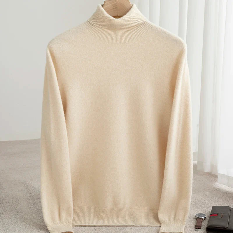 Men Merino Wool Turtleneck Knitted Pullover | Merino Wool Sweater | Cashmere Warm Knit Top Beige