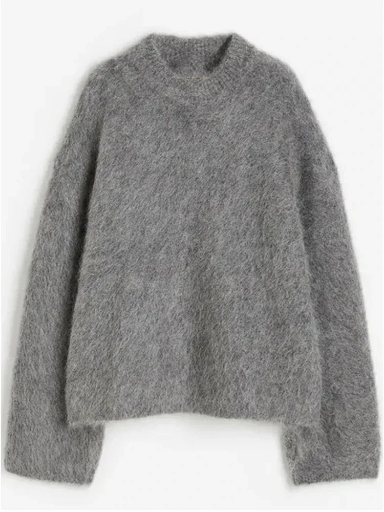 Women Casual Fuzzy Sweater | Pullover | Loose Knitted Sweater | Vintage Streetwear | Long Sleeve | Warm Gray