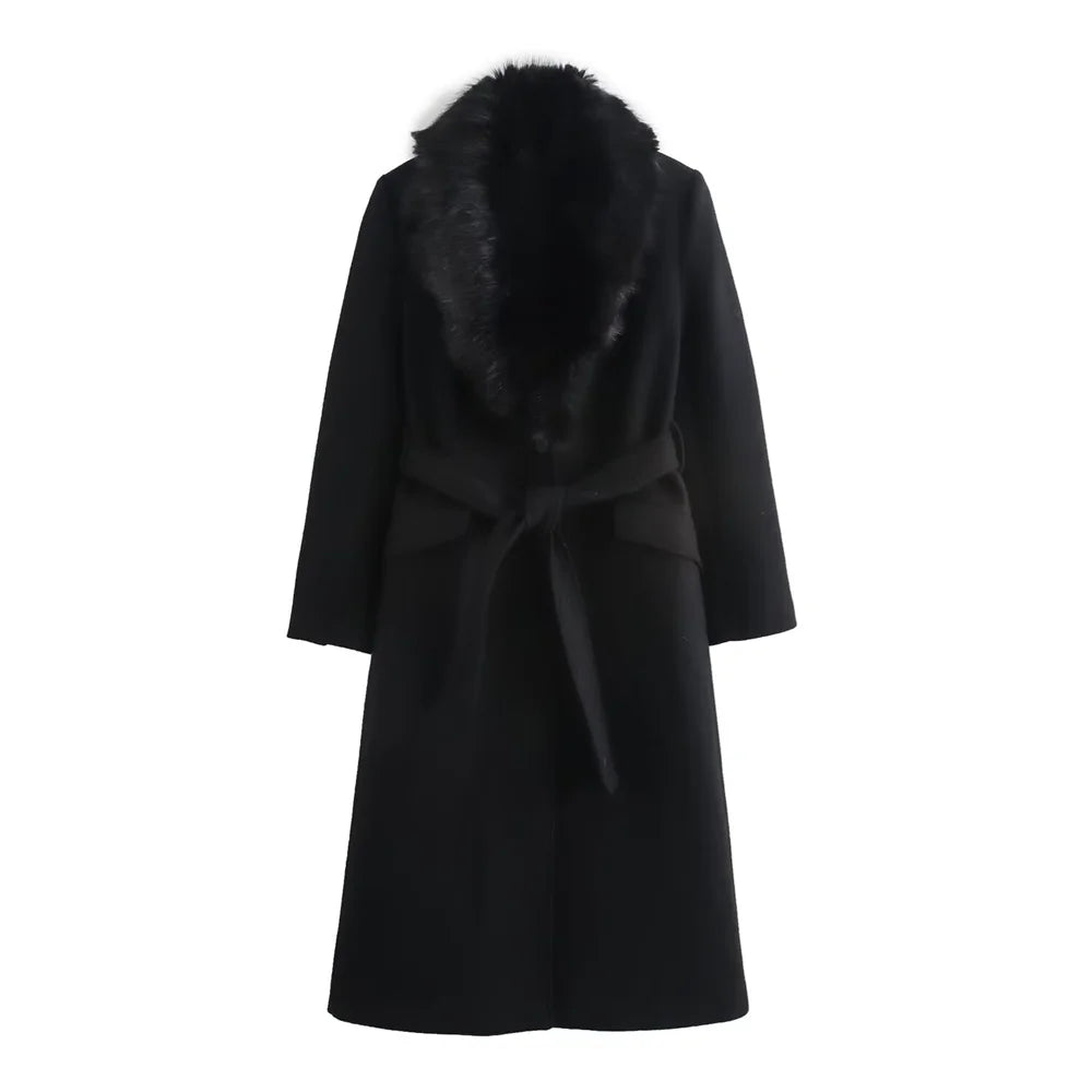 Women Belted Warm Fur Collar Coat | Flip Collar | Winter | Long Coat black