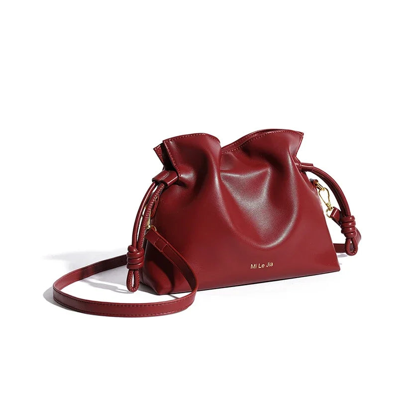 Women Leather Crossbody Bucket Bag Burgundy