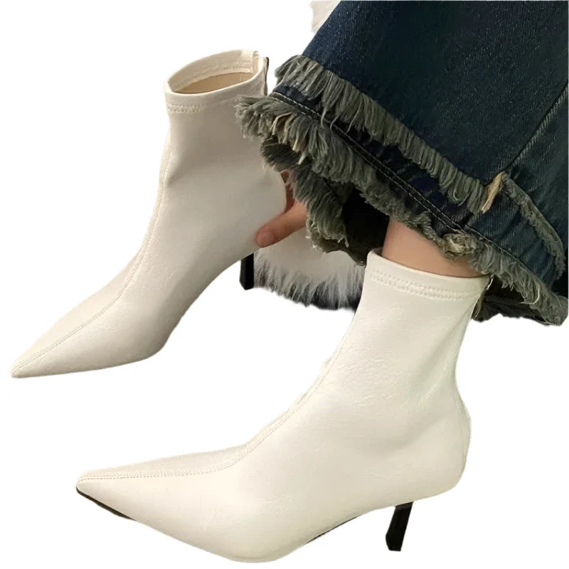 Women Leather High Heel Ankle Boots | Zipper Closure Beige