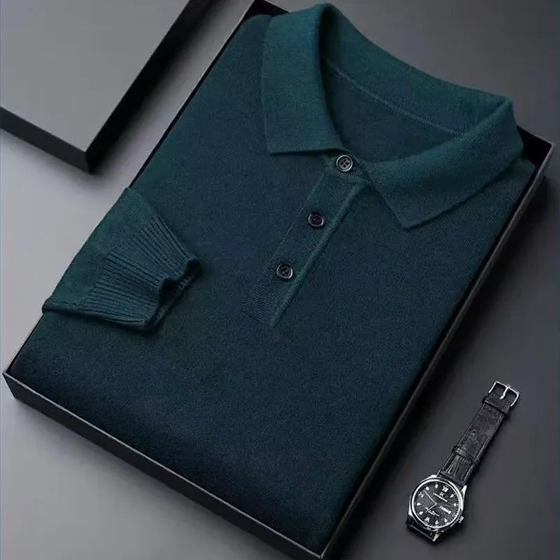 Men Pure Wool Sweater | Polo Knitted Pullover | Warm green