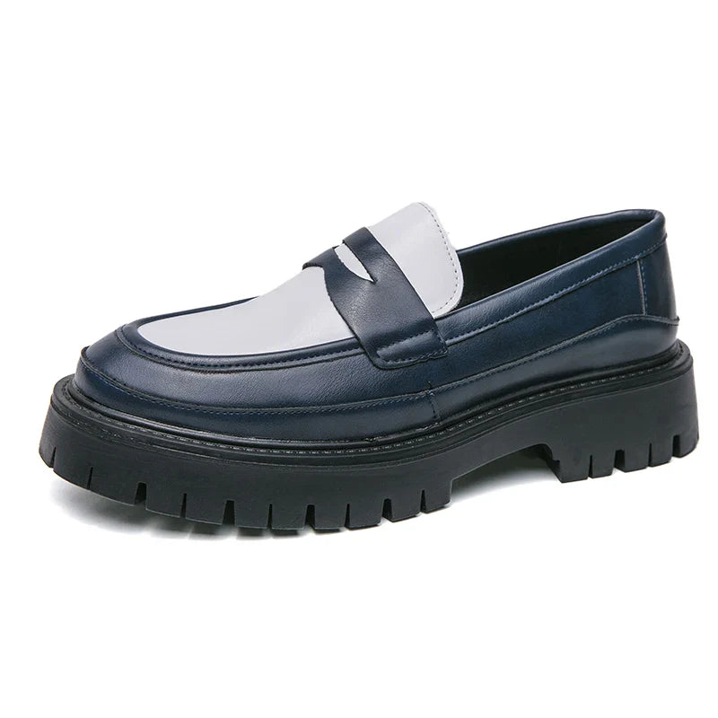 Men Handmade Leather Shoes | Men Platform Loafers | Moccasin blue-white