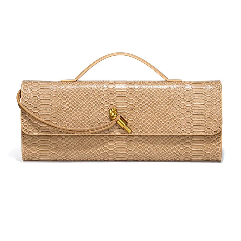Women Luxury Design Top-Handle Leather Bag | Long Purse | Crocodile Pattern Bag apricot