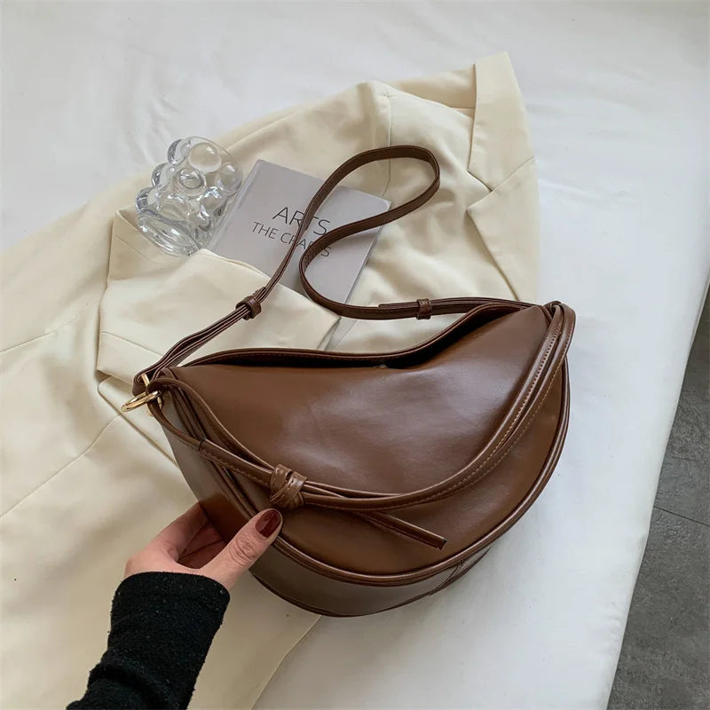 Women Large Capacity Leather Saddle Crossbody Bag Brown