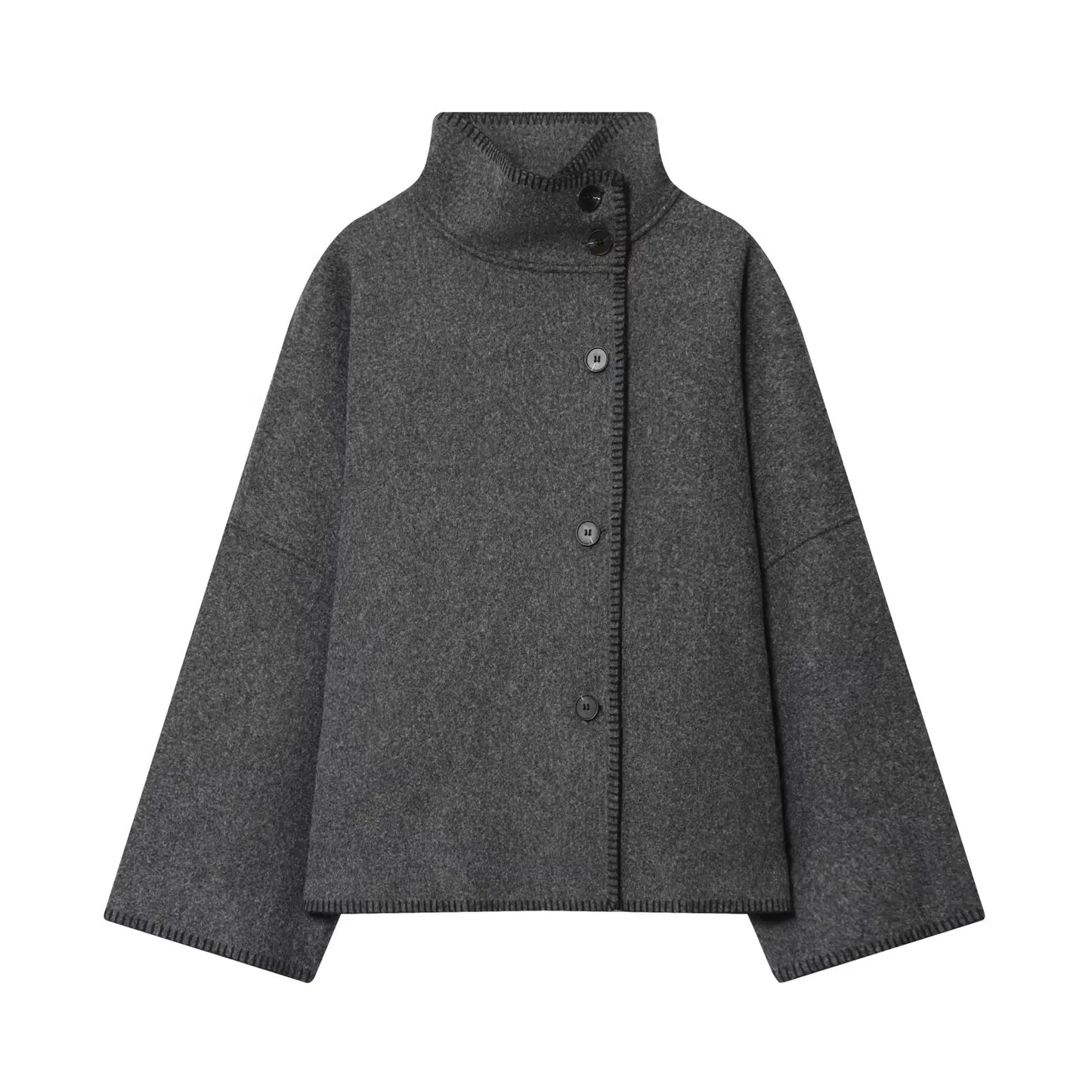 Women Short Jacket | Wide Shoulder | Vintage High Neck | Long Sleeve | Cape Coat Gray